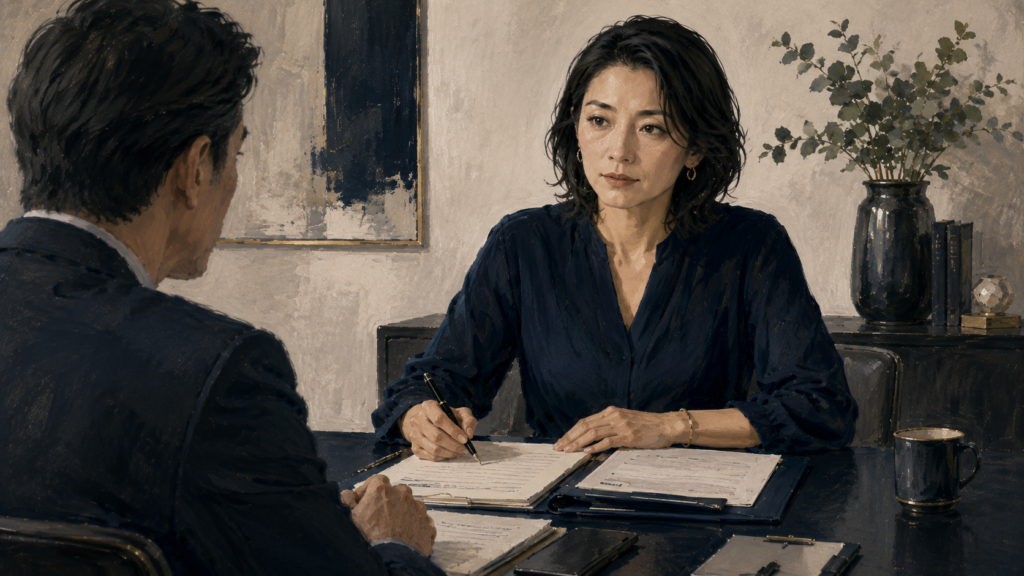 夫婦が離婚条件について書類を確認しながら話し合う様子