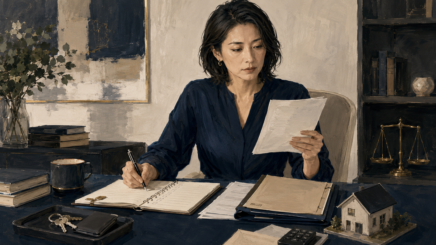 離婚準備の資料を確認しながら書き留める女性