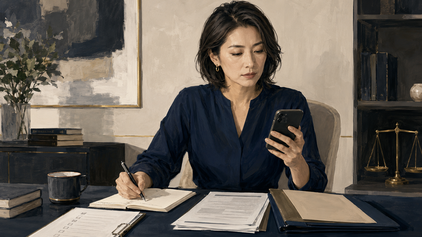 スマートフォンを見ながら不倫相手への対応を考える女性